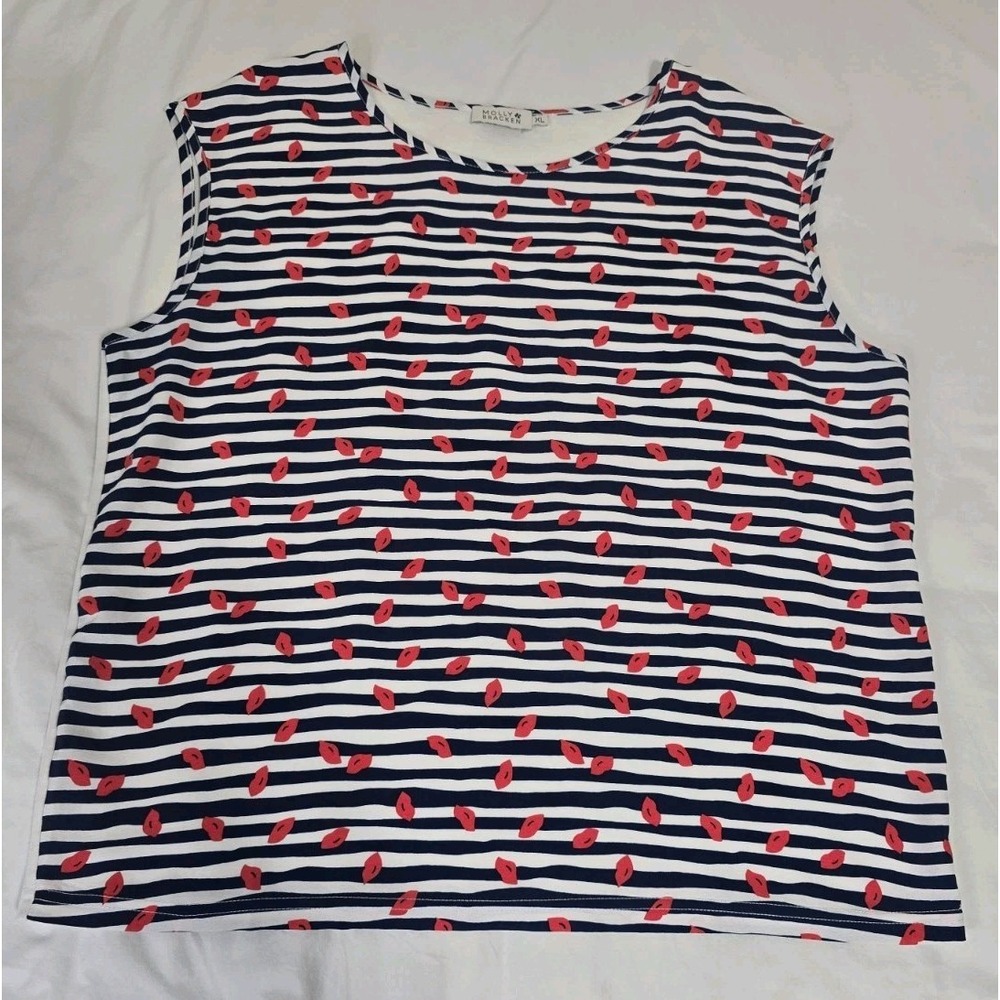 Molly‎ Bracken Women's XL Sleeveless Blouse White/Red/Navy Blue~Lips